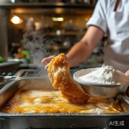 炸食前裹粉，酥脆锁水。