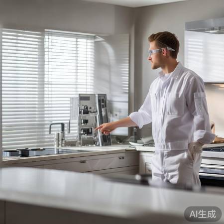 师傅检查厨房安装集成灶